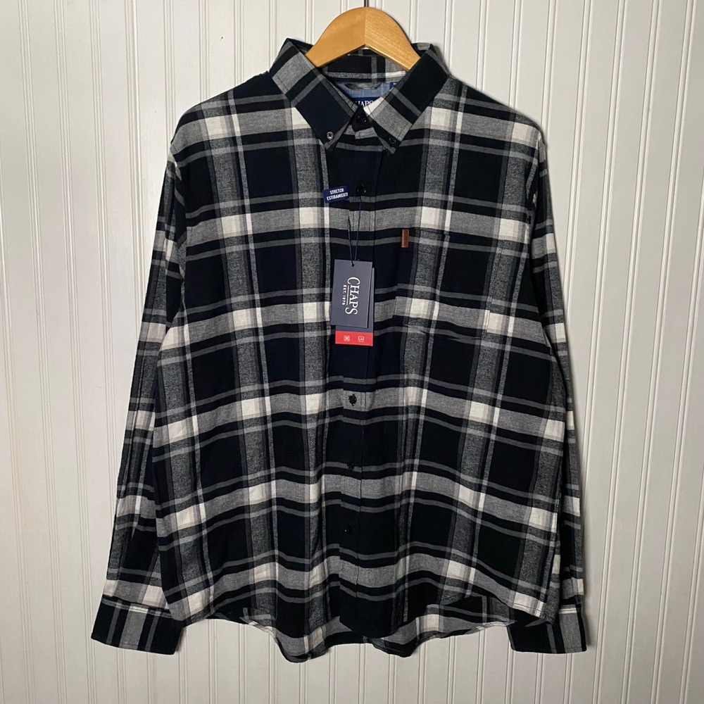 NWT Chaps Classic Black White Plaid Flannel Button Down Stretch Long Sleeve - XL